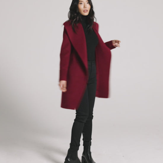 Sentaler Mid Length Shawl Collar Wrap Garnet Red Coat in Baby Alpaca wool. Seen as product video on female model.