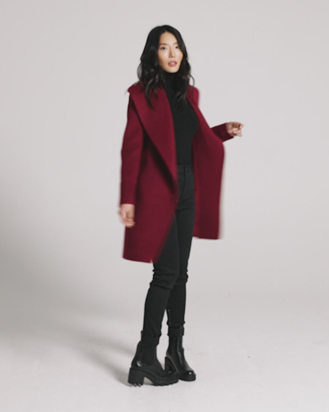 Sentaler Mid Length Shawl Collar Wrap Garnet Red Coat in Baby Alpaca wool. Seen as product video on female model.