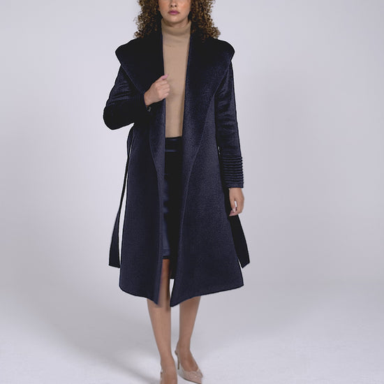 Sentaler Suri Alpaca Long Shawl Collar Wrap Deep Navy Coat in Suri Alpaca wool. Seen as product video with female model.