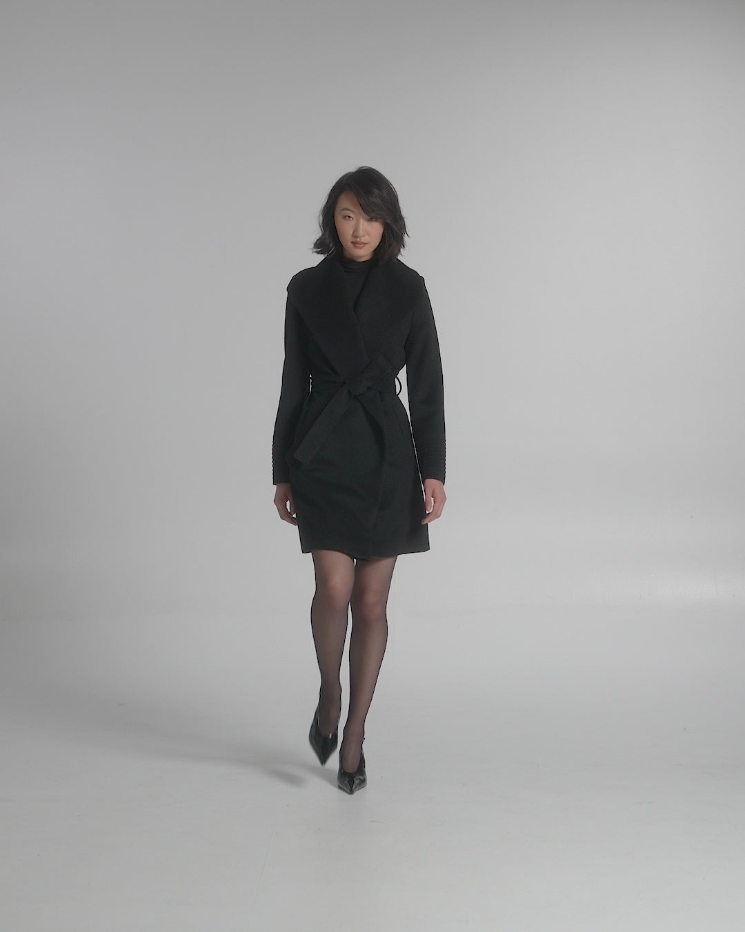 Mid Length Shawl Collar Wrap Coat - Black – SENTALER