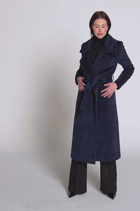 Sentaler Bouclé Alpaca Long Notched Collar Wrap Coat featured in Bouclé Alpaca and available in Midnight Blue. Seen as product video.