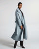 SENTALER Long Large Notched Collar Wrap Coat in Glacial Blue, Baby Alpaca. Product video, worn by a female model, full-length and detail views of the fabric and finishing.