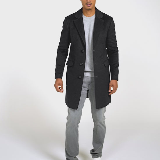 Sentaler Baby Alpaca Notched Lapel Black Overcoat in Baby Alpaca wool. Seen as product video on male model.