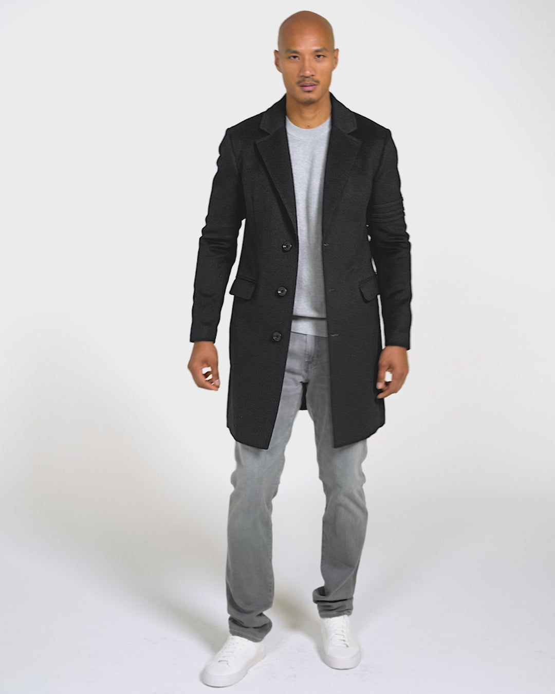 Sentaler Baby Alpaca Notched Lapel Black Overcoat in Baby Alpaca wool. Seen as product video on male model.