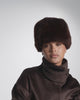 SENTALER Shearling Hat in Chocolate Brown, Alpaca Shearling. Product video, worn by a female model, full-length and detail views of the fabric and finishing.