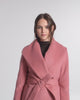 SENTALER Mid Length Shawl Collar Wrap Coat in Dusty Pink, Baby Alpaca. Product video, worn by a female model, full-length and detail views of the fabric and finishing.