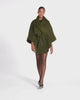 SENTALER Cape with Shawl Collar and Coat in Olive, Baby Alpaca. Product video, worn by a female model, full-length and detail views of the fabric and finishing.