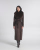 SENTALER Maxi Coat with Alpaca Shearling Collar in Chocolate Brown, Suri Alpaca. Product video, worn by a female model, full-length and detail views of the fabric and finishing.