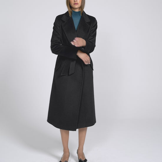 Sentaler Baby Alpaca Long Notched Collar Wrap Black Coat in Baby Alpaca wool. See as product video with female model.