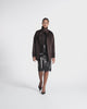 SENTALER Stand Collar Aviator Jacket in Chocolate Brown, Suri Alpaca. Product video, worn by a female model, full-length and detail views of the fabric and finishing.