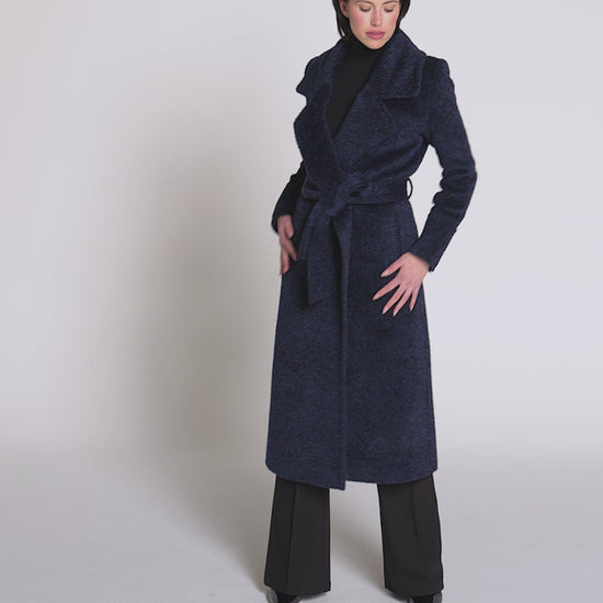 Sentaler Bouclé Alpaca Long Notched Collar Wrap Midnight Blue Coat in Bouclé Alpaca wool. Seen as product video on female model.