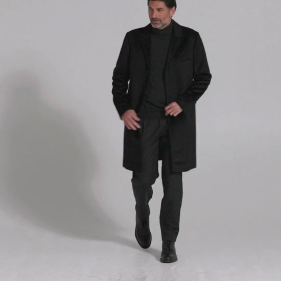 Sentaler Alpaca Notched Lapel Black Overcoat in Suri Alpaca wool. Seen as product video with male model.