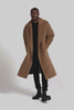 Sentaler dark camel robe coat made of bouclé alpaca wool, on male model.