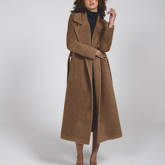 Sentaler Bouclé Alpaca Long Notched Collar Wrap Dark Camel Coat in Bouclé Alpaca wool. Seen as product video on female model.