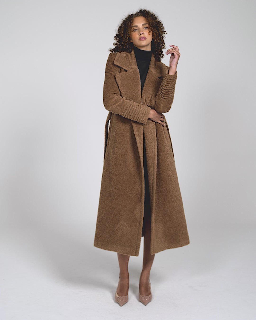 Sentaler Bouclé Alpaca Long Notched Collar Wrap Dark Camel Coat in Bouclé Alpaca wool. Seen as product video on female model.