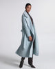 SENTALER Long Large Notched Collar Wrap Coat in Glacial Blue, Baby Alpaca. Product video, worn by a female model, full-length and detail views of the fabric and finishing.
