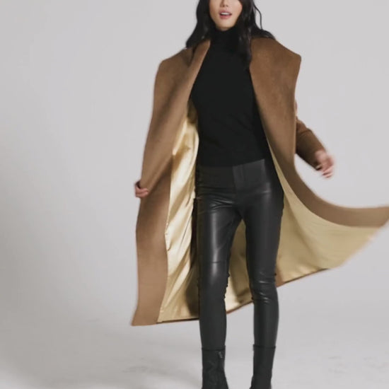 Sentaler Suri Alpaca Long Shawl Collar Wrap Dark Camel Coat in Suri Alpaca wool. Seen as product video on female model.