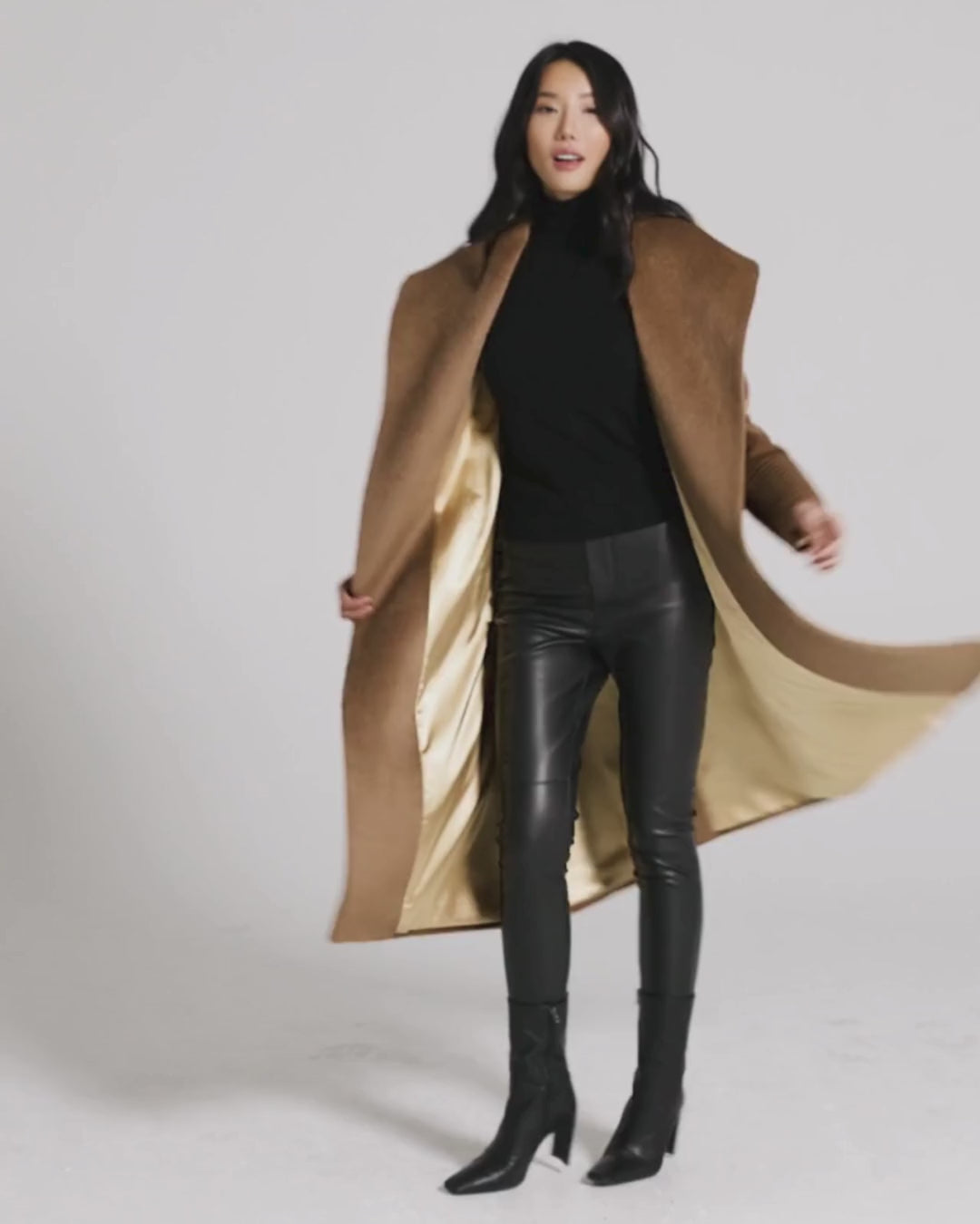 Sentaler Suri Alpaca Long Shawl Collar Wrap Dark Camel Coat in Suri Alpaca wool. Seen as product video on female model.