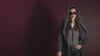 Sentaler Baby Alpaca Mid Length Hooded Wrap Graphite Coat. Seen on female model in campaign video.