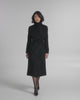 SENTALER Long Funnel Collar Wrap Coat in Black, Baby Alpaca. Product video, worn by a female model, full-length and detail views of the fabric and finishing.