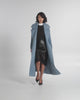 SENTALER Maxi Notched Collar Wrap Coat in Steel Blue, Suri Alpaca. Product video, worn by a female model, full-length and detail views of the fabric and finishing.