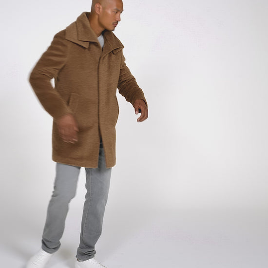 Sentaler Double Collar Dark Camel Brown Topcoat in Bouclé Alpaca wool. Seen as product video with male model.