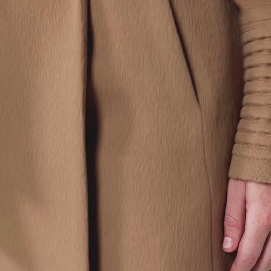 Sentaler Mid Length Hooded Wrap Dark Camel Coat in Baby Alpaca wool. Seen as product video on female model.