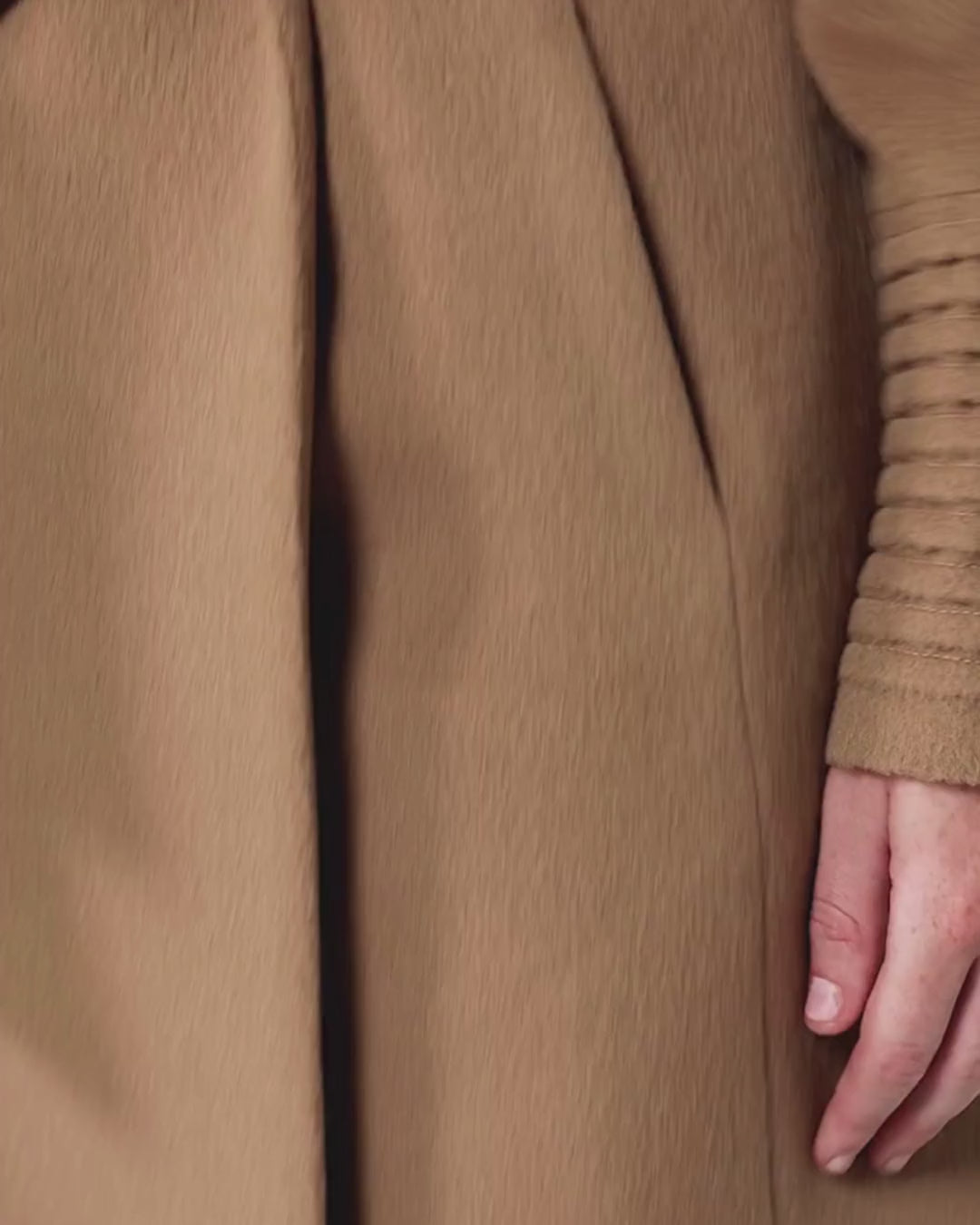 Sentaler Mid Length Hooded Wrap Dark Camel Coat in Baby Alpaca wool. Seen as product video on female model.