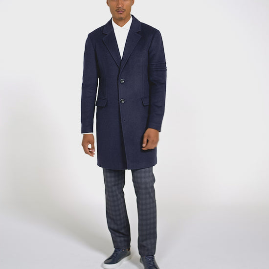 Sentaler Baby Alpaca Notched Lapel Deep Navy Blue Overcoat in Baby Alpaca wool. Seen as product video with male model.