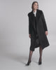 SENTALER Long Shawl Collar Wrap Coat in Black, Suri Alpaca. Product video, worn by a female model, full-length and detail views of the fabric and finishing.