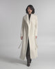 SENTALER Maxi Shawl Collar Wrap Coat in Cloud White, Textured Suri Alpaca. Product video, worn by a female model, full-length and detail views of the fabric and finishing.
