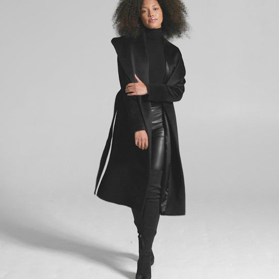 Sentaler Suri Alpaca Long Shawl Collar Wrap Black Coat in Suri Alpaca wool. Seen as product video on female model.