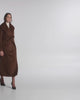 SENTALER Maxi Shawl Collar Wrap Coat in Chestnut, Textured Suri Alpaca. Product video, worn by a female model, full-length and detail views of the fabric and finishing.