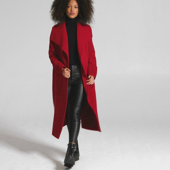 Sentaler Long Wide Collar Wrap Scarlet Red Coat in Baby Alpaca wool. Seen as product video on female model.