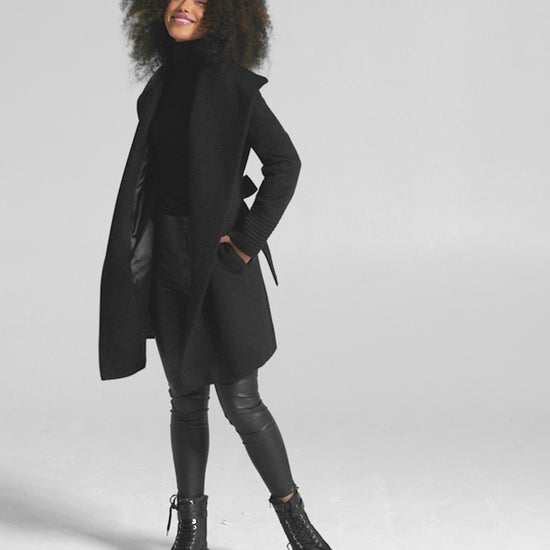 Sentaler Mid Length Shawl Collar Wrap Black Coat in Baby Alpaca wool. Seen as product video on female model.