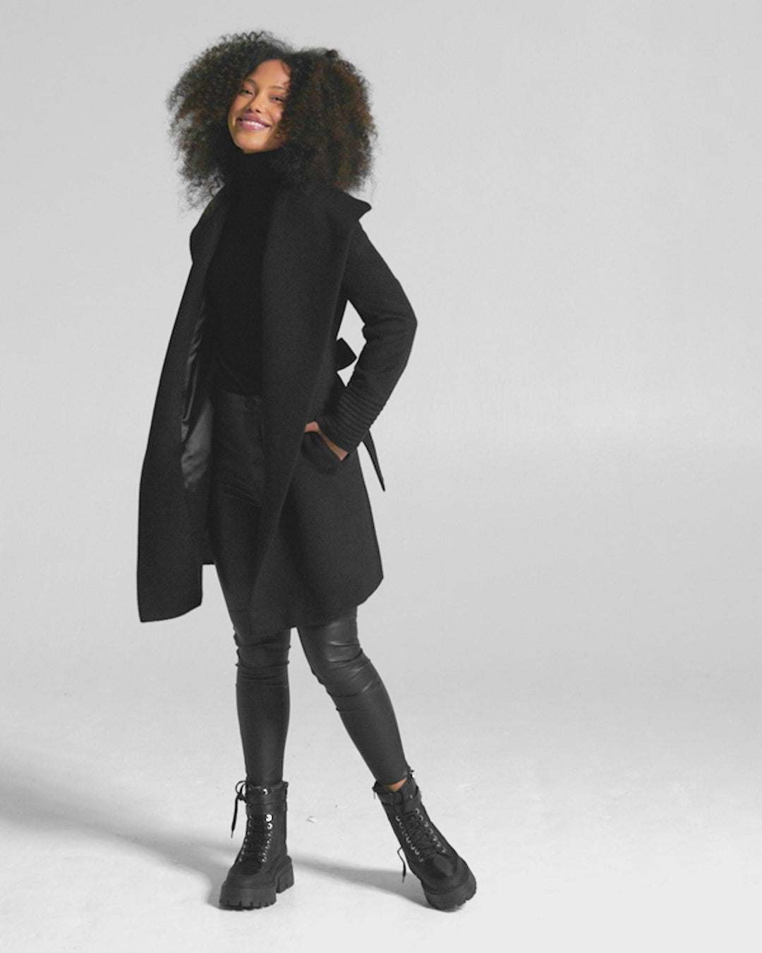 Sentaler Mid Length Shawl Collar Wrap Black Coat in Baby Alpaca wool. Seen as product video on female model.