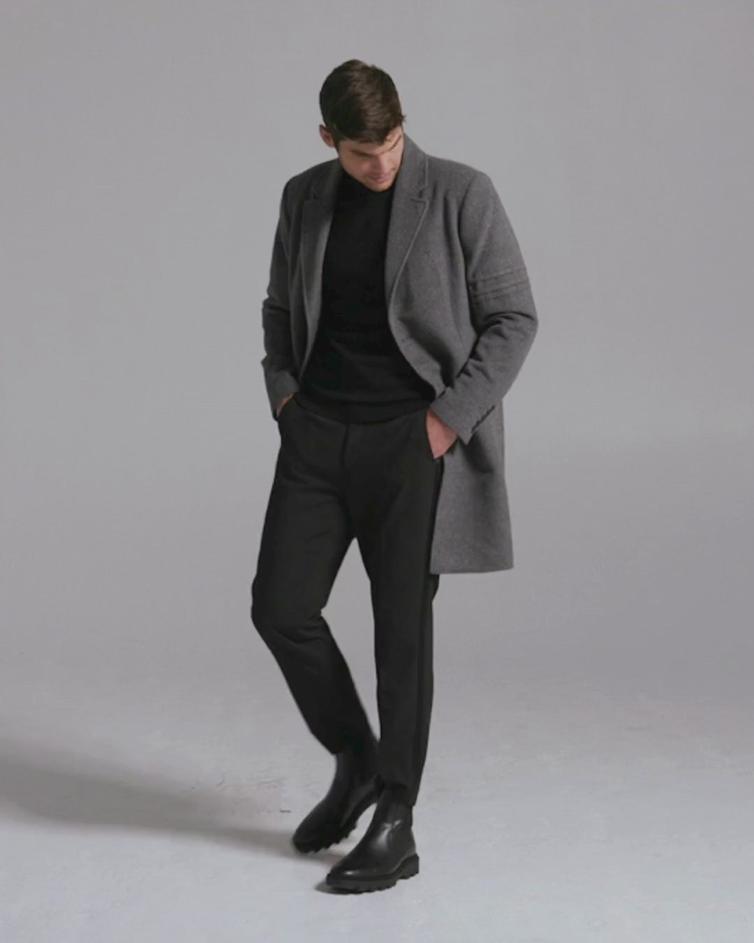 Sentaler Baby Alpaca Notched Lapel Gravity Grey Overcoat in Baby Alpaca wool. Seen as product video on male model.