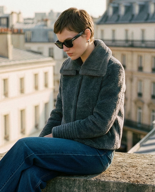 Bouclé Alpaca Moto Jacket with Signature Double Collar in Graphite.