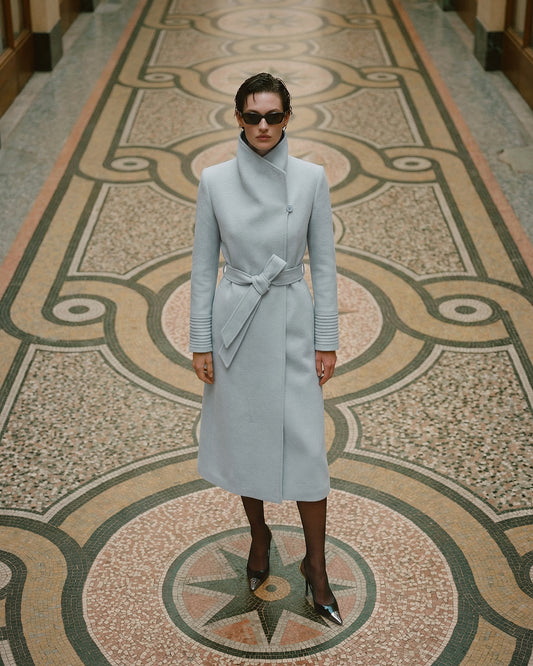 Baby Alpaca Long Funnel Neck Wrap Coat in Glacial Blue.