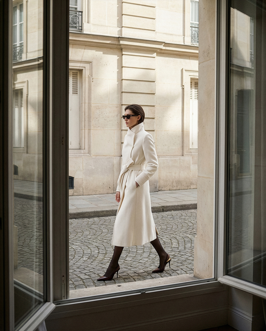 Baby Alpaca Long Funnel Neck Wrap Coat in Ivory.