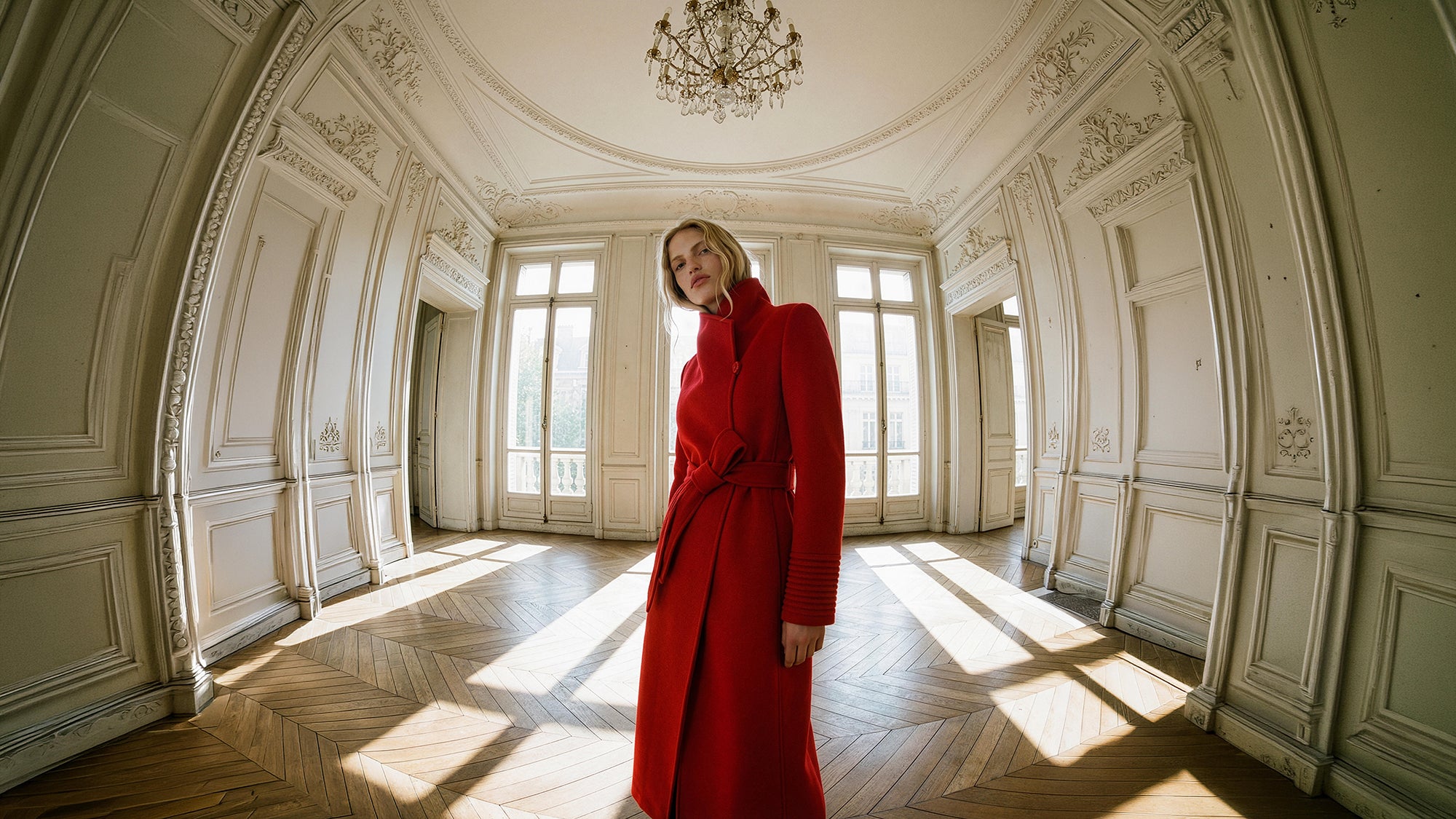 Baby Alpaca Long Funnel Neck Wrap Coat in Scarlet Red.