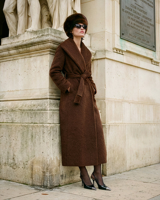 Textured Suri Alpaca Maxi Shawl Collar Wrap Coat in Chestnut.