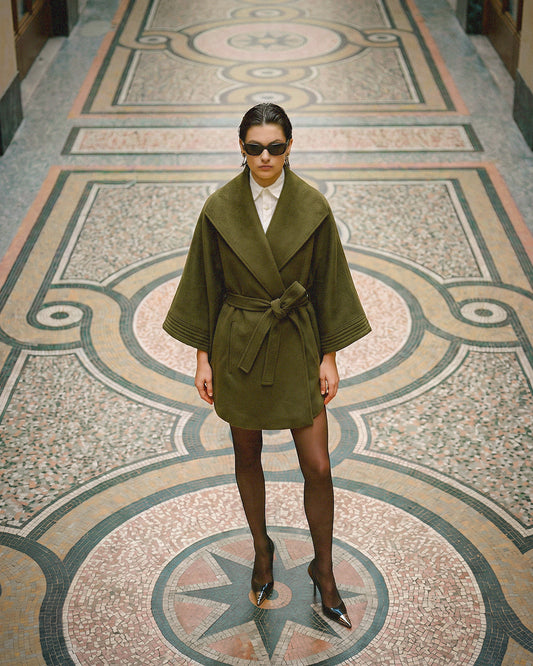 Baby Alpaca Cape with Shawl Collar and Belt in Olive.