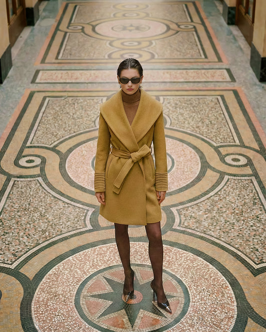 Baby Alpaca Mid Length Shawl Collar Wrap Coat in Amber Haze.