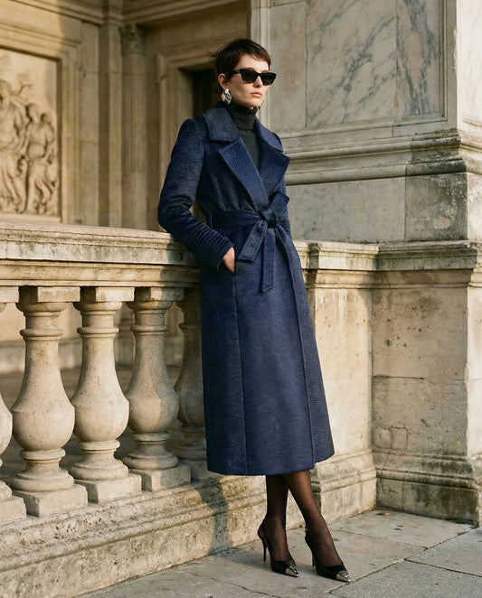 Suri Alpaca Maxi Notched Collar Wrap Coat in Deep Navy.