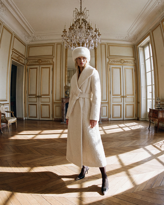 Textured Suri Alpaca Maxi Shawl Collar Wrap Coat in Cloud White.