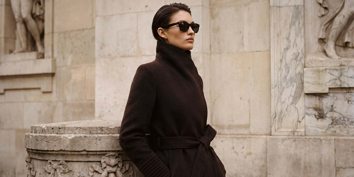 SENTALER Baby Alpaca Long Funnel Collar Wrap Coat in Chocolate Brown. Worn belted.