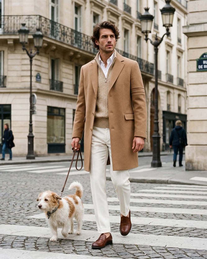SENTALER Men Baby Alpaca Notched Lapel Overcoat in Dark Camel.