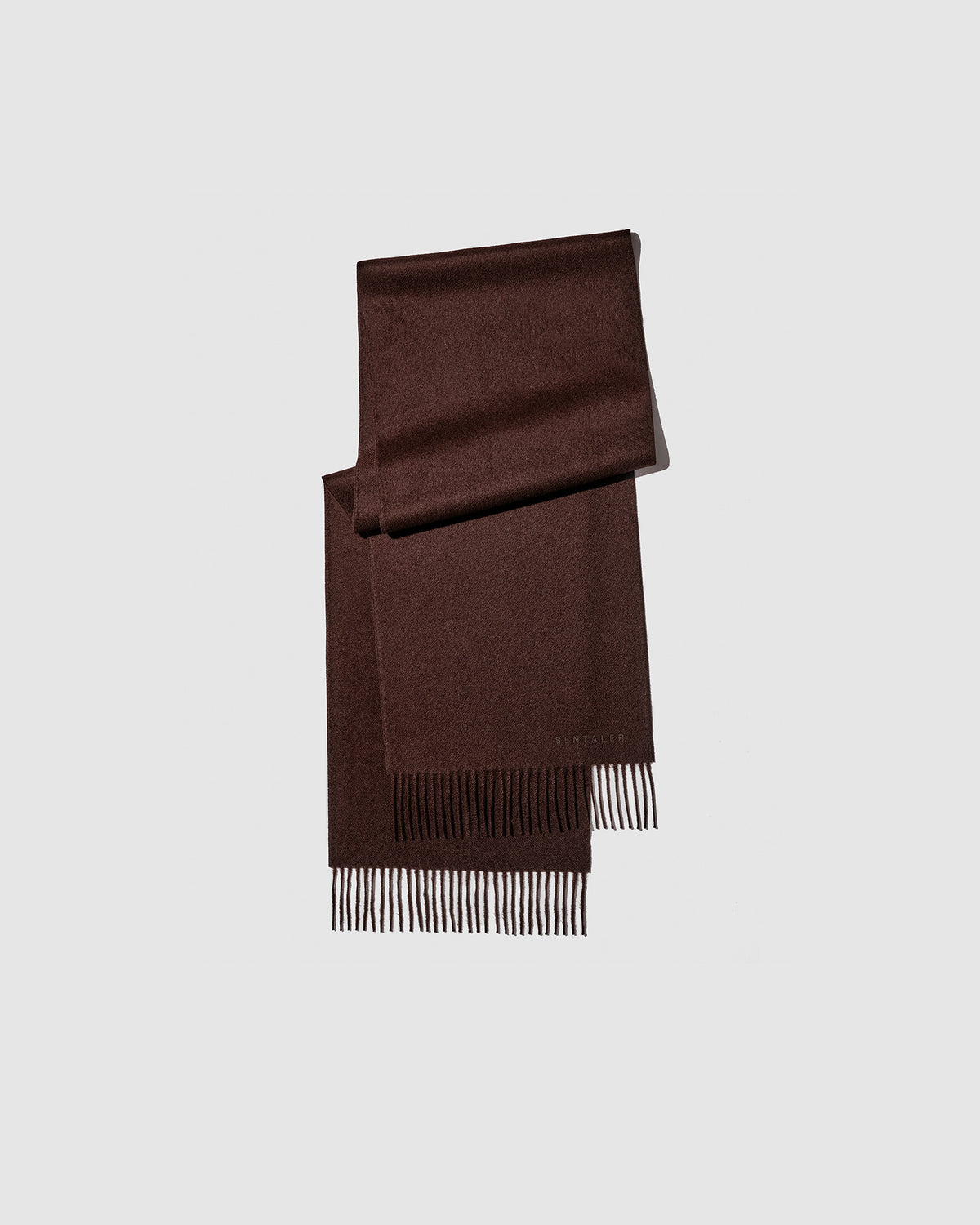 SENTALER Baby Alpaca Classic Scarf in Chocolate Brown, folded off figure with fringed ends.