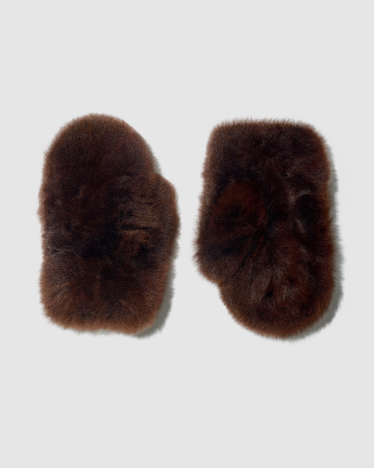 SENTALER Oversized Shearling Mittens in Chocolate Brown, shown off-figure.